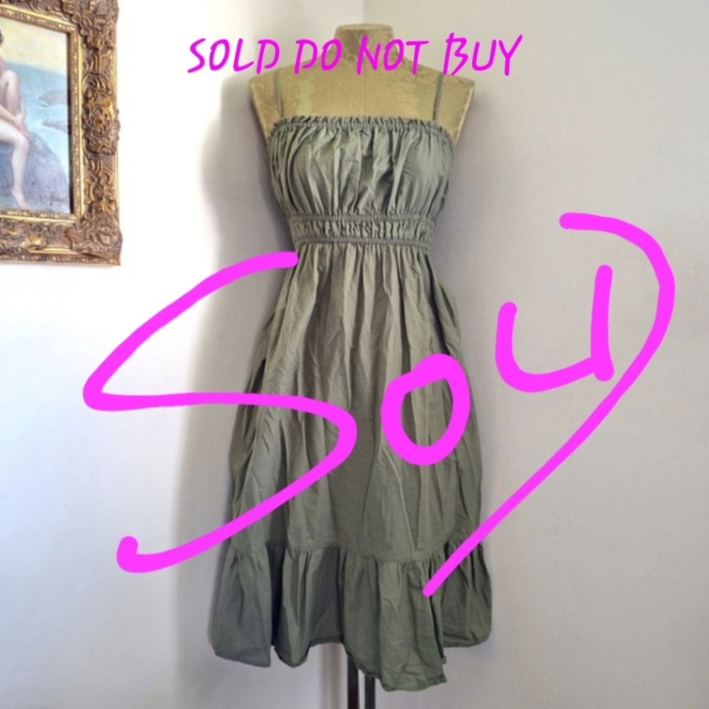 Dizzy Lizzy Olive Green Cotton Smocked Midi Dress Womens Medium Ruffle Hem Boho - Picture 1 of 7